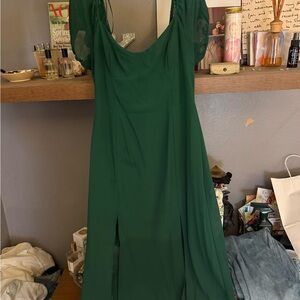Le Lis Emerald Green Midi Dress with Sheer Puff Sleeves